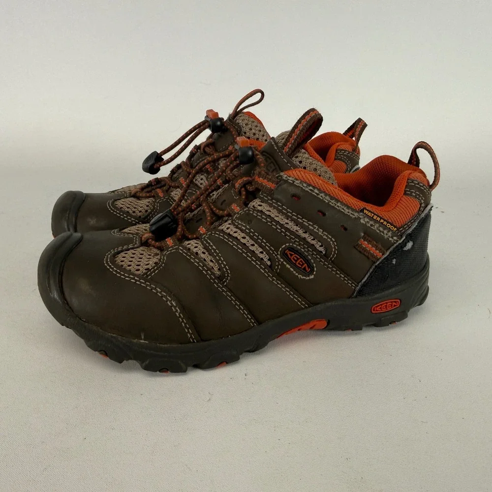 Keen Kids Waterproof Hiking Shoes Brown Orange Bungee Laces Low Top Trail Shoe